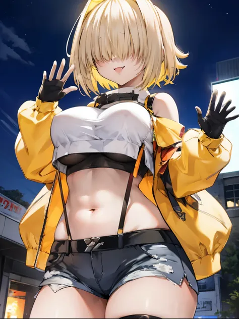 score_9, score_8_up, score_7_up, source_anime BREAK 1girl, solo, elegg, short hair, bangs, hair intakes, multicolored hair, hair over eyes, crop top, bare shoulders, long sleeves, suspenders, midriff, navel, short shorts, thigh strap, multicolored_gloves, ...