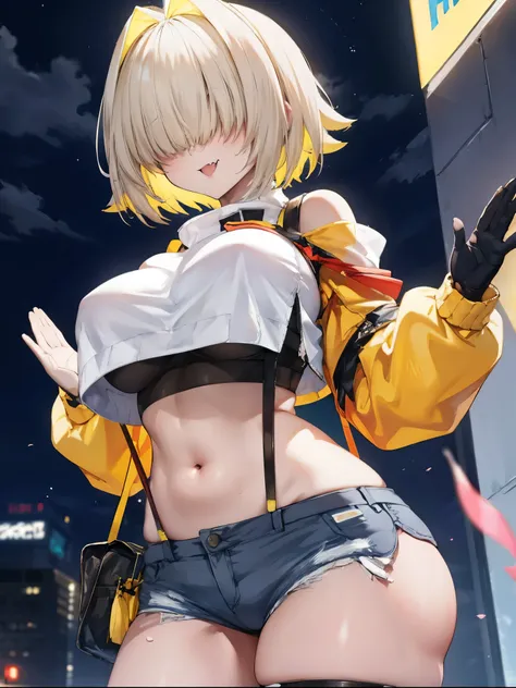 score_9, score_8_up, score_7_up, source_anime BREAK 1girl, solo, elegg, short hair, bangs, hair intakes, multicolored hair, hair over eyes, crop top, bare shoulders, long sleeves, suspenders, midriff, navel, short shorts, thigh strap, multicolored_gloves, ...