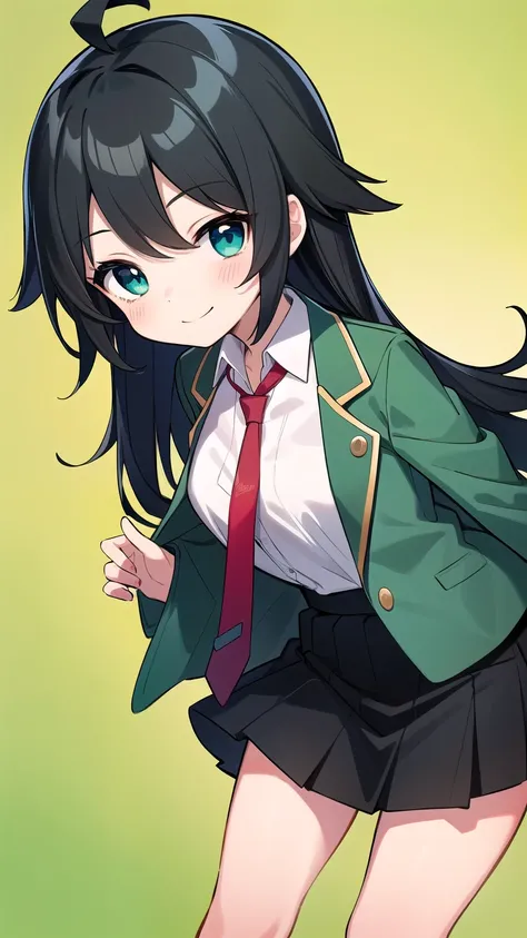 Junior high school student who looks like an elementary school student,(loli:1.3) , very short, 140 cm tall, black hair with a slight green tinge, short ahoge, beautiful long hair but with a little hair sticking out, beautiful round eyes, blue eyes, smile,...