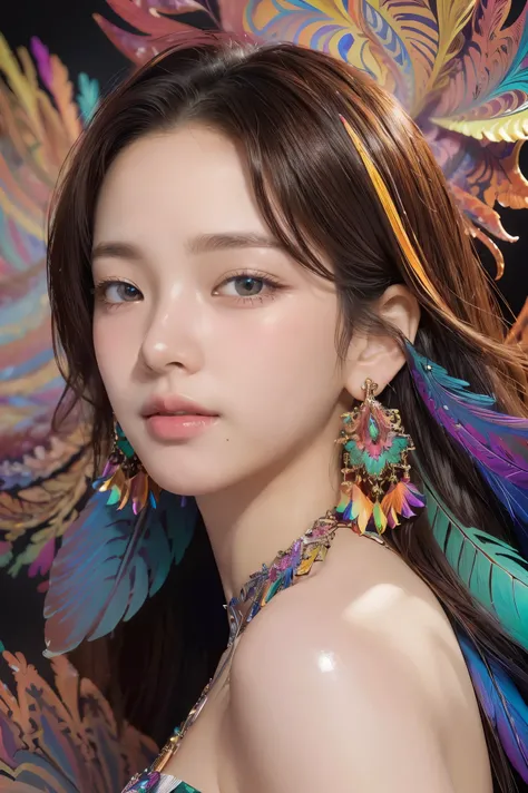 ((fractal art)),((masterpiece,best quality,extremely detailed,ultra high res,detailed background)),(((abstract background))),(1girl),((colorful)),flowers,(shiny skin),((many colors)),(earrings),feathers