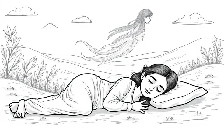 A young arab girl's soul above her sleeping body,peaceful,calm masterpiece, natural landscape,highly detailed, coloring book style, clear outline, black and white, masterpiece