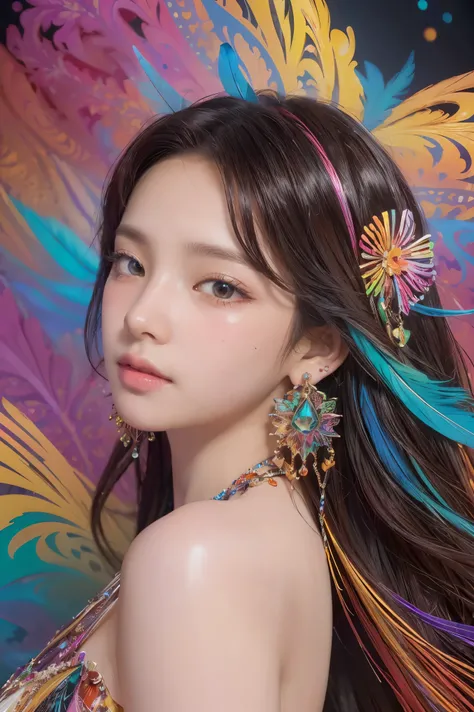 ((fractal art)),((masterpiece,best quality,extremely detailed,ultra high res,detailed background)),(((abstract background))),(1girl),((colorful)),flowers,(shiny skin),((many colors)),(earrings),feathers