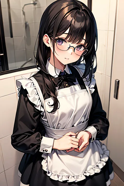 a pretty maid girl, black hair, black maid uniform, wearing glasses, in the bathroom, masterpiece, (high quality)