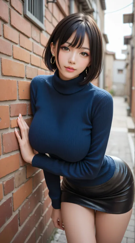 ((Long sweater:1.2))), black micro mini skirt, masterpiece, erotic expression, black turtleneck sweater, cute Japanese idol face, no makeup, big breasts, black pantyhose, earrings, sexy gravure pose, long legs, slightly thick thighs, alley wall, leaning fo...