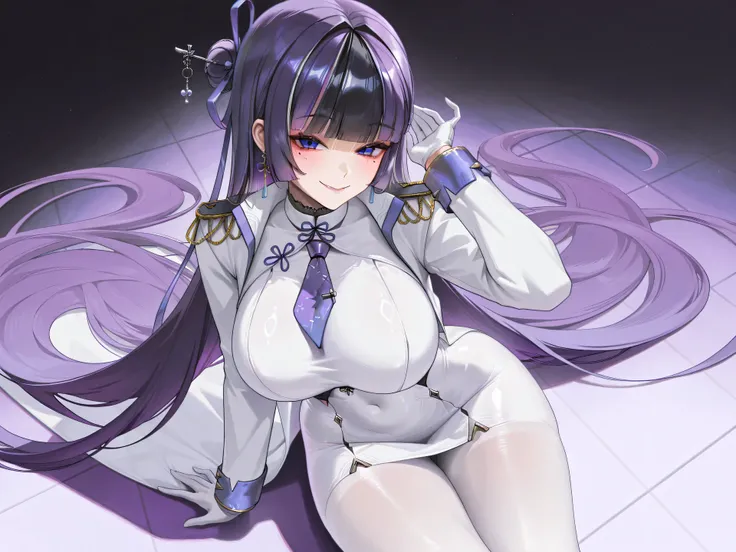 jien \(nikke\), blue eyes, mole under eye, purple hair, (multicolored hair), black hair, very long hair, blunt bangs, hair bun, hair ornament, purple ribbon, hair ribbon, earrings, large breasts, white jacket, epaulettes, white dress, purple necktie,white ...