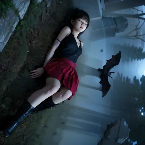 eyes closed、 is sleeping、black long boots