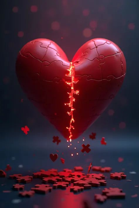   dark and soft background  (such as deep blue or dark purple) with faint lighting around the heart,  highlighting the scene . • Heart: A big heart, red and bright, suspended in the air, but with cracks starting to spread. • Puzzles: Instead of normal brok...