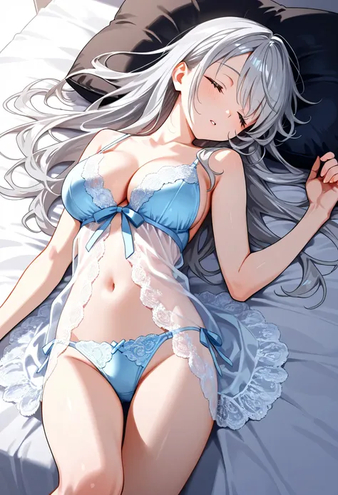 master piece,best quality,extremely detailed,nsfw,(pretty 1woman),sexy slender:1.2,(middle breasts),{metallic silver hair:1.2},(sleeping),(lying,on back),(close legs),((close eyes)),(ultra detailed,various colors,sexy.silk lace baby doll),(bed room),(on be...