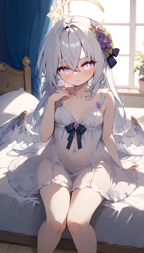 Azusa (blue archive),purple eyes,white hair,long hair,Wings,hair flower,halo, Alone,  showing eyebrows from inside the hair , hair between their eyes, white nightgown,  negligee, babydoll, is embarrassing, viewers, masterpiece, highest quality, very aesthe...