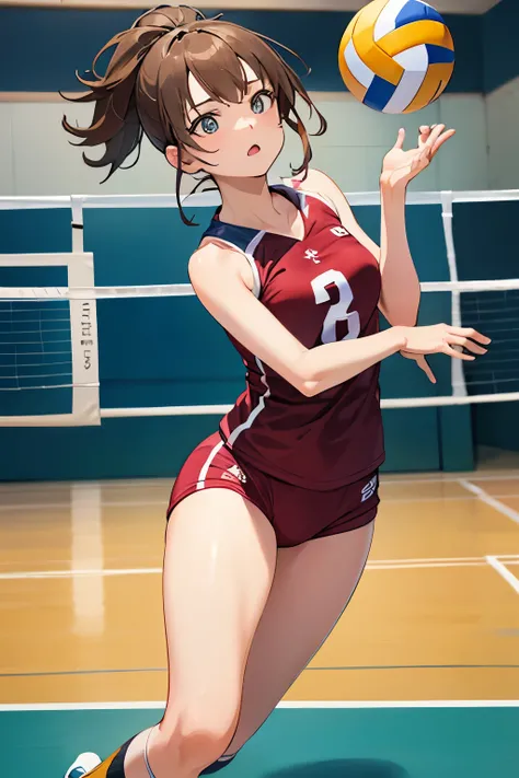 Limited to 1 woman 、/(volleyball uniform/)、dynamic poses such as crouching or opening legs、/(light brown hair/)bangs、( expression of determination)、(A masterpiece of the highest quality:1.2)Delicate illustrations are super precise、break /(Indoor Volleyball...