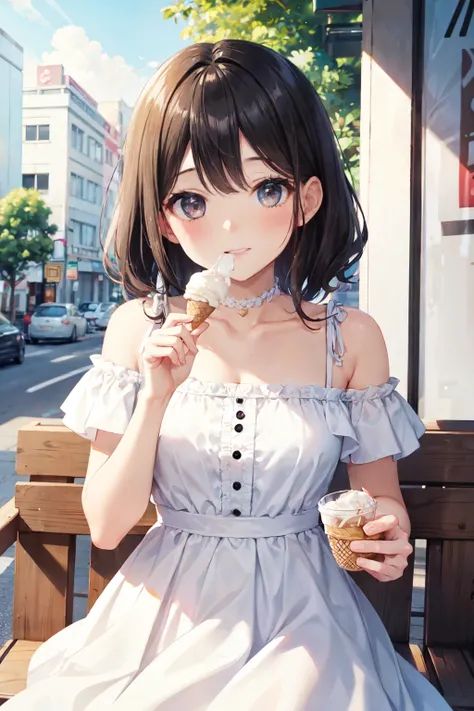 best image quality、highest quality、Girl eating ice cream at cafe、dress、