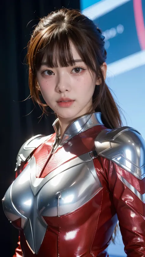 ultraman、realistic、realistic、movie light, Young woman in a shiny red and silver suit、 years、professional photos、wear&#39;Don&#39;t expose your skin., Japanese model, Japanese CGI、ultraman Suit、, Power Rangers set、Tight and thin cyber suit,Has rubber all ov...