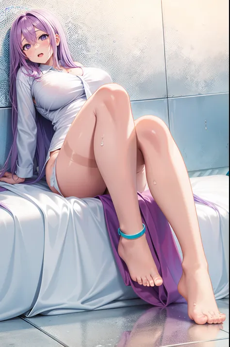 wife，  Big Breasts  ，exposed,    long hair，Small belly，Big thighs ，Water Drops。Aho,bath towel，Purple,barefoot，Rainbow Hair，