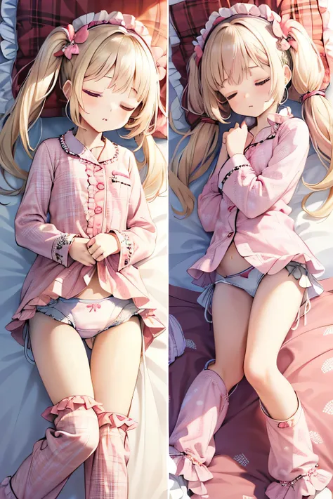 (1girl:2.5),(high quality),((((Petite:1.8)))),,(pink pajamas plaid pattern:1.5),(((white frill panties:1.5))),
,(long Twin tails gold hair:1.2),(sleeping:1.5),

