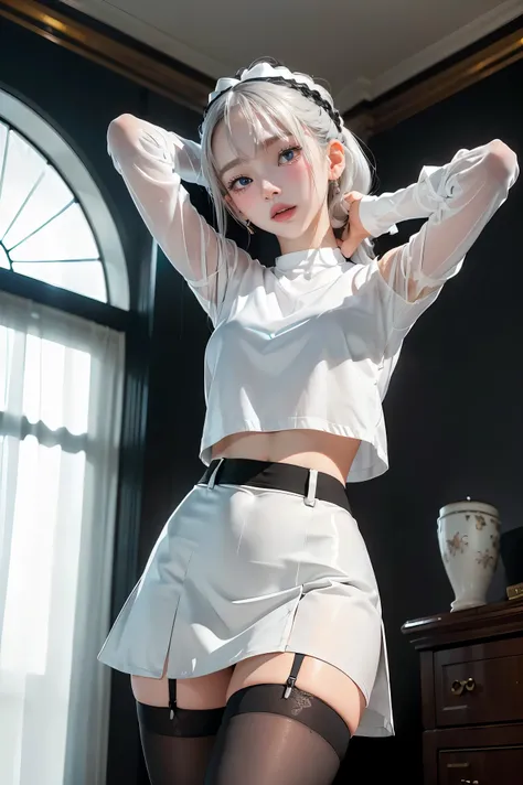 (((1 girl)),ray tracing,(dim lighting),[detailed background (living room)),((silver hair)),(silver hair)),((Fluffy silver hair, plump and slender girl)) with high ponytail))) Avoid golden eyes in the ominous living room ((((Girl wears white opaque shirt, b...