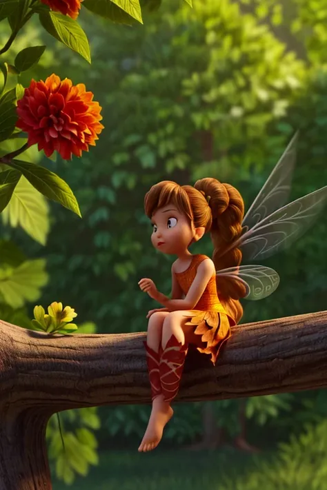 {{A ((graceful and nostalgic)) depiction of {((a beautiful  fairy with delicate wings, wearing a simple flowing dress, holding a single wildflower in her hand))}} with {((her bare feet resting on a tree root, her hair in soft curls, and her expression calm...