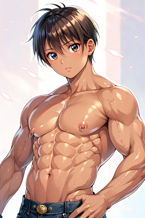 High Quality, Details, (solo dark brown skin Japanese hunk), topless, (strong muscle:1.3), (Details black eyes), (black short hair),  dark brown skin face, detailed puffy nipple, nipple ring, looking for viewer,  uncensored, 