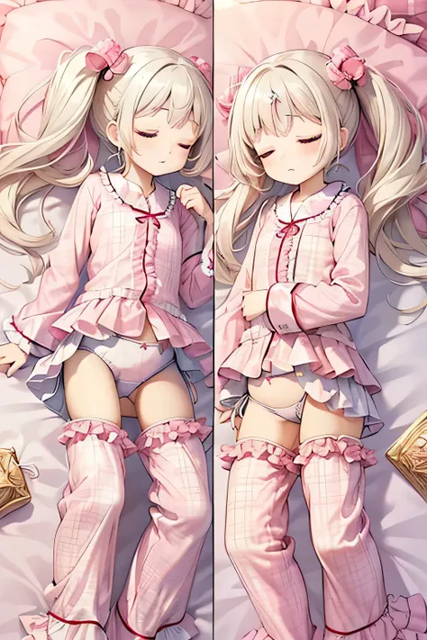 (1girl:3.5),(high quality),((((Petite:1.8)))),,(pink pajamas plaid pattern:1.5),(((white frill panties:1.5))),
,(long Twin tail gold hair),(sleeping:1.5),

