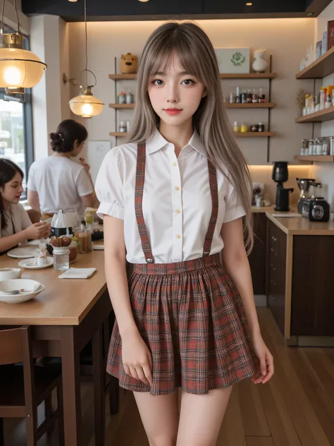 Highest quality, RAW photo, Ultra HD, 18-year-old Korean, beauty, big breasts:1.5, breast crack:1.5, healthy skin tone, fair and smooth skin, (long hair, Flowing hair), ((Light brown silver hair)), beautiful eyes in various colors, thin lips, beautiful eye...
