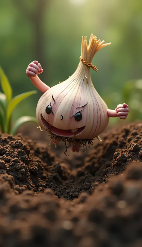 (masterpiece, Highest quality, 8k, hyperdetail, photorealistic: 1.2), One garlic is buried in the soil, Soak your neck in the soil, garlic Sporty body buried in the body, Theme: Heroic landing,