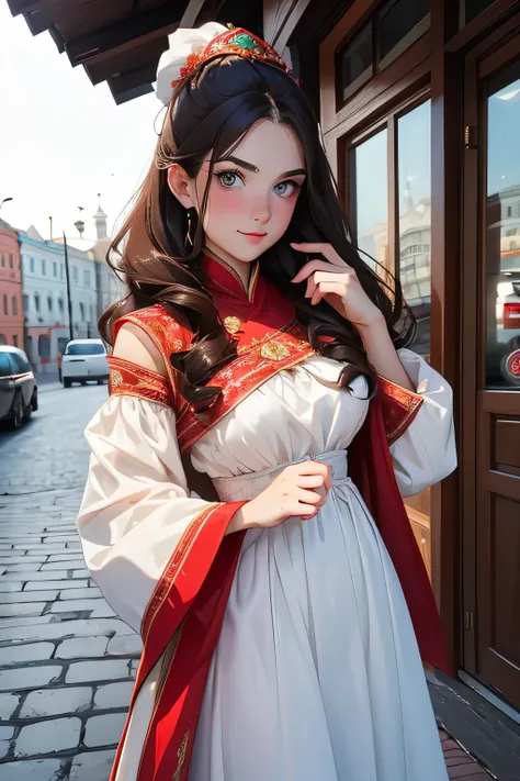  Beautiful young girl 20 years old 3 breast size .  brunette .  shoulder length wavy hair.  grey eyes . She is wearing a national Tatar dress . She takes pictures of herself in Kazan . 