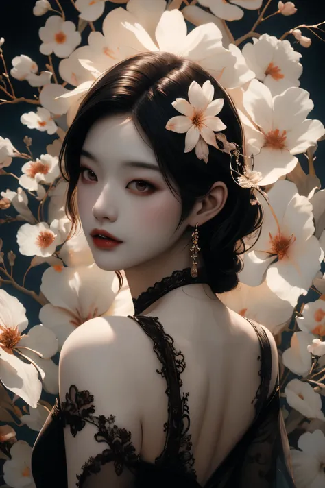  masterpiece, best quality, ultra-high definition, Korean woman,floral background, 8k resolution, glamour, glimmer, ethereal, artstation, aesthetic, gothic, Lace, concept art, smooth, dreamy, backlit, fantastical, shadows, smooth,realistic 