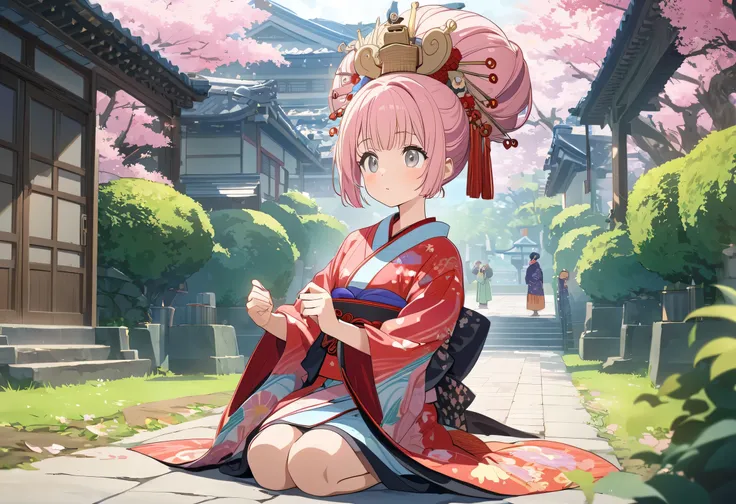 threequaterview, kimono、Kimono with a floral pattern 、 glittering costume 、 gorgeous kimono 、oiran、Edo Castle hallway background、((fullbody)), seiza、,Source Anime, (Masterpiece), (Best Quality)), (Very Detailed), ((Cute)), (Amazing), (Detailed)), 4K, (8k)...
