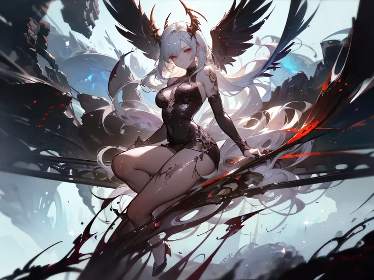 (( masterpiece，best quality))，full body，heaven and hell，Angels and Succubi，Wings of Steel， ink style，feather， detailed face ，full body，perfect body proportions，Sparkling Eyes，sexy，Tattoo，Extremely beautiful，transparent