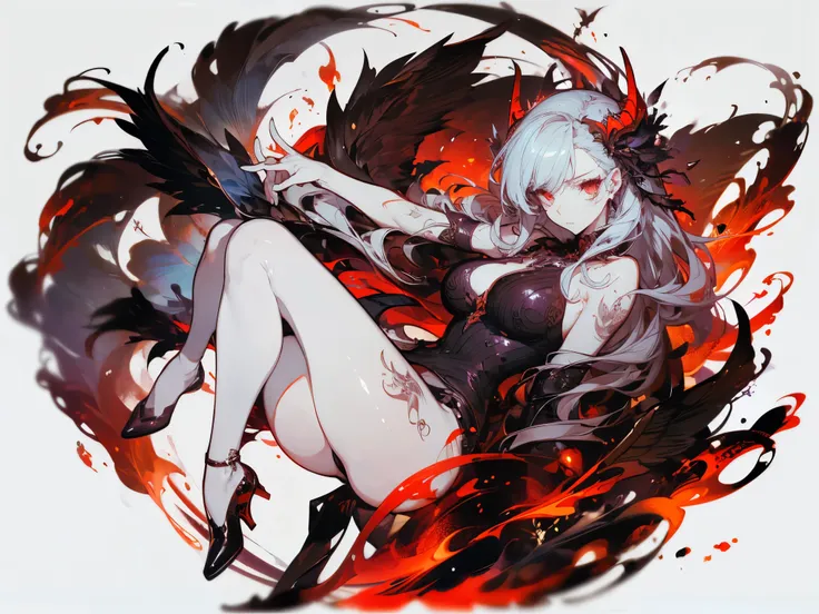 (( masterpiece，best quality))，full body，heaven and hell，Angels and Succubi，Wings of Steel， ink style，feather， detailed face ，full body，perfect body proportions，Sparkling Eyes，sexy，Tattoo，Extremely beautiful，transparent