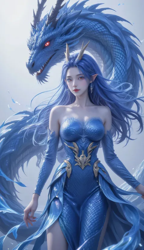 No visible text or other elements in the image,She has a long , with flowing blue hair and pointed ears, like an elf or magical creature. She is adorned in a form-fitting blue skirt with intricate patterns and textures that give the appearance of scales, i...