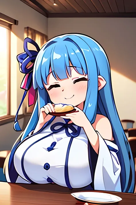 (((A woman eating))),aoi kotonoha,(((milf))),((blue hair ribbon:1.4)),red eyes,(droopy eyes) ,closed eyes,blue hair ,is,blunt bangs,((((tall to the eye))),(huge breast),((((grace body ))),white dress, detach sleeve, wide sleeve ,  shoulder out ,smile,indoo...