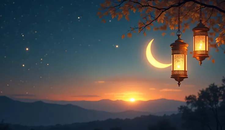 A serene Islamic-themed background featuring a glowing crescent moon, elegant golden lanterns, and a soft twilight sky with warm golden and deep blue hues, symbolizing the holy month of Ramadan.