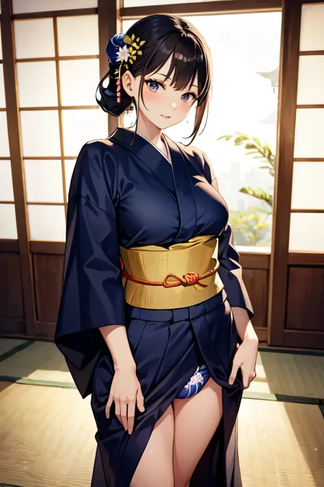 A beautiful woman wearing a yukata licks the crotch of a man standing by Nioh　There are 2 people alone in the room