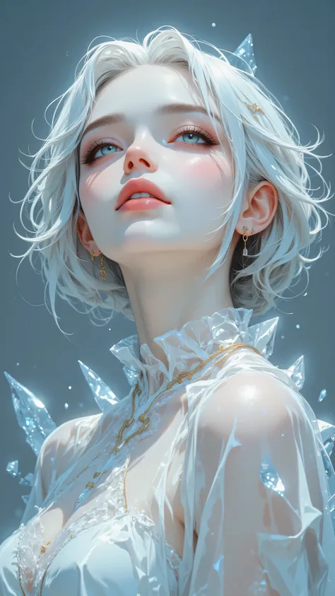 8k, Masterpiece, Top Quality, Low-angle, close-up. Pale skin, icy blue eyes, defined eyebrows, soft pink lips, serene expression.  Translucent white hair, golden threads,  sheer garment.  Head tilted back, ethereal pose. Gray-blue background, ice shards.