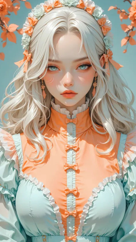 8k, Masterpiece, Top Quality, Close-up, frontal, serious, aloof, platinum blonde, loose waves, high neckline, peach, light orange, voluminous, ruffles, folds, layered, light blue, bows, petal-like, sophisticated, whimsical, pale aqua blue, simple, soft, di...