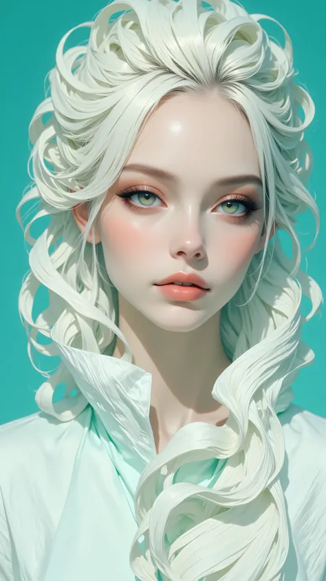 8k, Masterpiece, Top Quality, Close-up, frontal, model, blonde, updo, clean makeup, eyes, lips, avant-garde, pleated, textured, off-white, light teal, aqua, structured, flowing, wave-like, draping, fluidity, layered, turquoise, sophisticated, modern, artis...