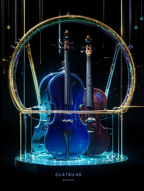 Entangled quantum cellos, probability cloud musical staff, supersymmetry pattern background, glowing fermata symbols, isometric projection, iridescent metallic texture