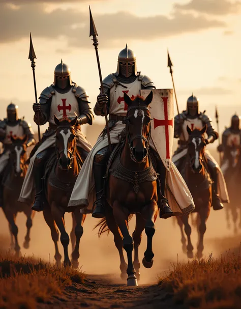 **Prompt:** Create an immersive hyper-realistic panoramic wide-angle image that draws viewers into the heart of medieval Christian Europe, emphasizing a carefully balanced composition. In the foreground, depict a courageous unit of Templar cavalry knights,...