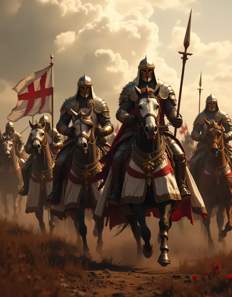 **Prompt:** Create an immersive hyper-realistic panoramic wide-angle image that draws viewers into the heart of medieval Christian Europe, emphasizing a carefully balanced composition. In the foreground, depict a courageous unit of Templar cavalry knights,...
