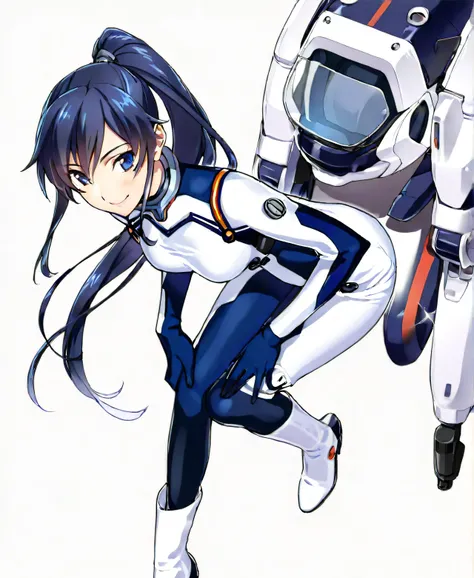 (​masterpiece、 top quality、 highest resolution 、 Clear Images 、  detailed image 、 The angle is from above ): ( a Japanese woman 、 High Ponytail、  dark blue hair  、 Sparkling blue eyes 、(  white and navy blue pilot suit （Enamel Finish ）、white and dark blue ...