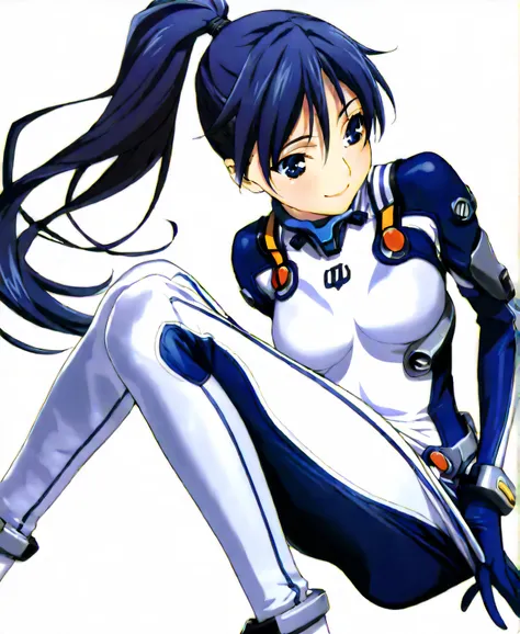 (​masterpiece、 top quality、 highest resolution 、 Clear Images 、  detailed image 、 The angle is from above ): ( a Japanese woman 、 High Ponytail、  dark blue hair  、 Sparkling blue eyes 、(  white and navy blue pilot suit （Enamel Finish ）、white and dark blue ...