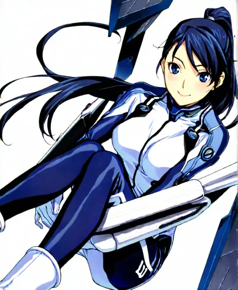 (​masterpiece、 top quality、 highest resolution 、 Clear Images 、  detailed image 、 The angle is from above ): ( a Japanese woman 、 High Ponytail、  dark blue hair  、 Sparkling blue eyes 、(  white and navy blue pilot suit （Enamel Finish ）、white and dark blue ...