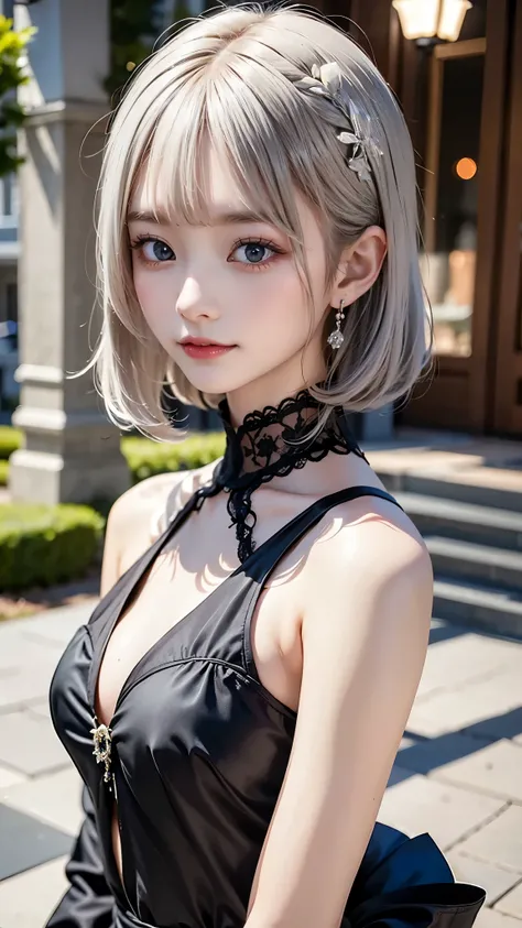 Please draw a super beautiful girl with short white bob hair wearing a gothic ****FACING outfit.。She exudes an elegant and dark vibe.、She exudes a unique beauty in Gothic ****FACING fashion.。Her white hair is tied up in a neat short bob.、It highlights her ...