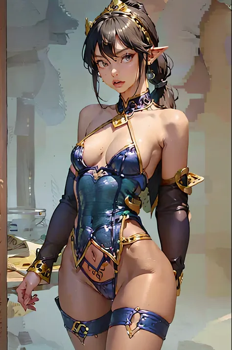 Highest quality: 1.2), Masterpiece, (Super beauty, neat adult, cool, female, 8.5 head and body, super cuteness: 1.3), Solo, standing, looking at camera, cowboy shot, ((super big breasts, tanned dress)), (Fishnet tightsのフルボディスーツ:1.1), Fishnet tights, Fishne...