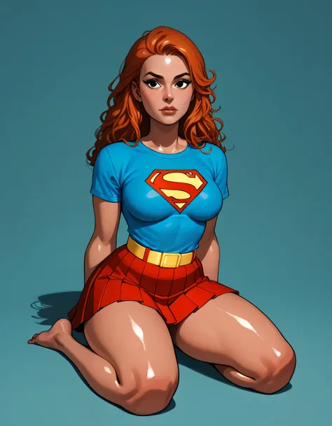 source_cartoon, 1 , One, large breasts, wearing a supergirl costume, S emblem on the chest, blue long-sleeved T-shirt, yellow belt with buckle, red pleated skirt, kneeling with legs spread wide, shiny skin, curvy, wide hips, red curly long hair, black eyes...