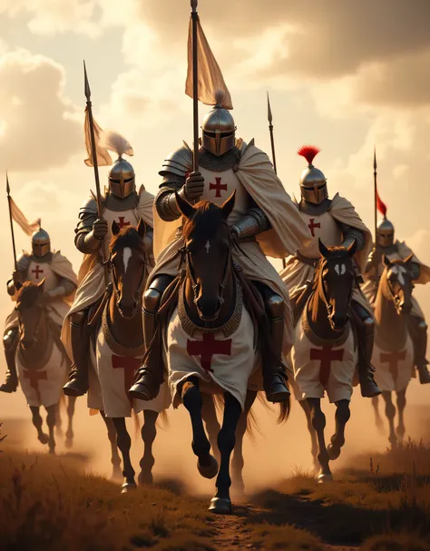 **Prompt:** Create an immersive hyper-realistic panoramic wide-angle image that draws viewers into the heart of medieval Christian Europe, emphasizing a carefully balanced composition. In the foreground, depict a courageous unit of Templar cavalry knights,...