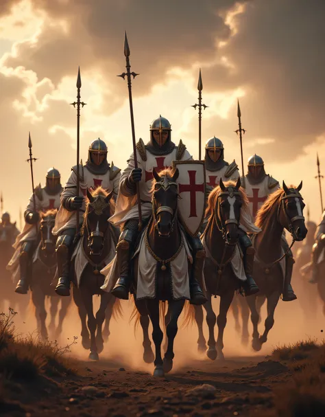 **Prompt:** Create an immersive hyper-realistic panoramic wide-angle image that draws viewers into the heart of medieval Christian Europe, emphasizing a carefully balanced composition. In the foreground, depict a courageous unit of Templar cavalry knights,...