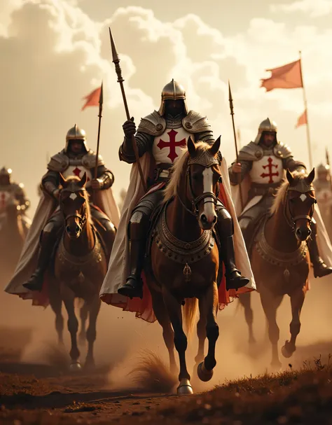 **Prompt:** Create an immersive hyper-realistic panoramic wide-angle image that draws viewers into the heart of medieval Christian Europe, emphasizing a carefully balanced composition. In the foreground, depict a courageous unit of Templar cavalry knights,...