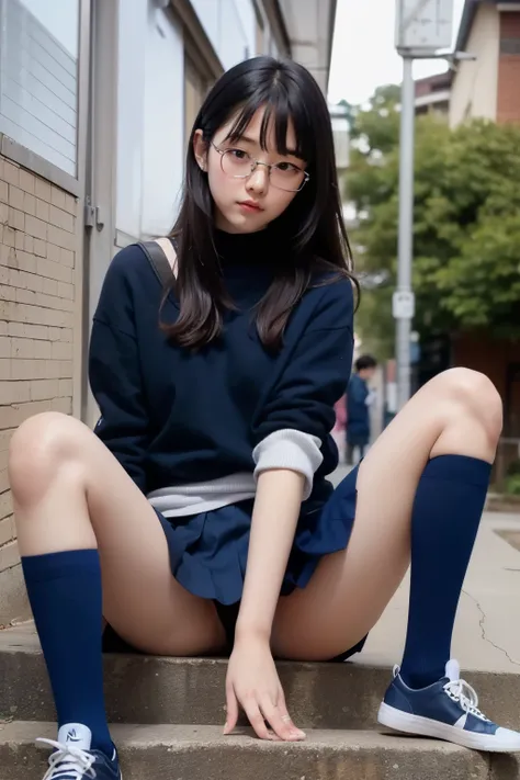 masterpiece, photorealistic,(( high quality panties for elementary school boys)),Sitting on concrete steps,(((Side view))),Hide your hands behind your back, female elementary school student ,spread legs,navy blue student sweater,blue student tie,((navy blu...