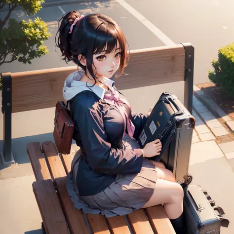 In town,Holding a suitcase,anime girl sitting on a bench, Japanese high school girl, dark hair,short hair,best anime 4K konachan wallpaper, Anime Art Wallpaper 8K, Anime Art Wallpaper 4K, Anime Art Wallpaper 4k,  beautiful anime schoolgirl , cute girl anim...